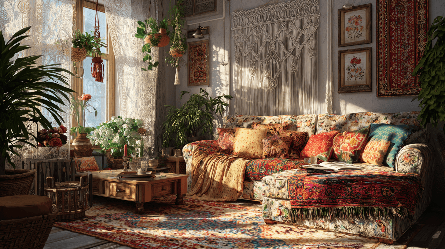 Пример интерьера гостиной в богемном стиле, созданного в Midjourney: сочетание этнических узоров на коврах, текстур макраме и естественного освещения с акцентом на детализацию вышивки. 1