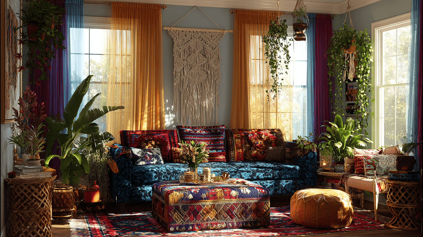 Пример интерьера гостиной в богемном стиле, созданного в Midjourney: сочетание этнических узоров на коврах, текстур макраме и естественного освещения с акцентом на детализацию вышивки. 2