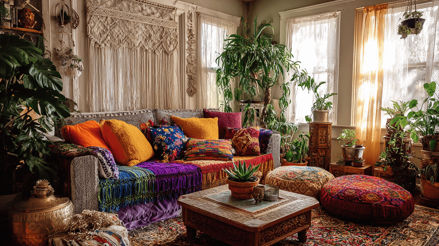 Пример интерьера гостиной в богемном стиле, созданного в Midjourney: сочетание этнических узоров на коврах, текстур макраме и естественного освещения с акцентом на детализацию вышивки. 3