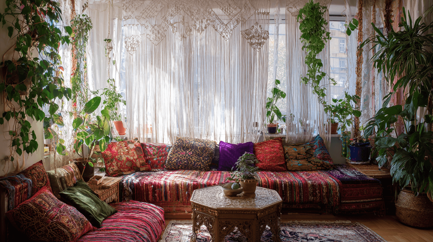 Пример интерьера гостиной в богемном стиле, созданного в Midjourney: сочетание этнических узоров на коврах, текстур макраме и естественного освещения с акцентом на детализацию вышивки. 4