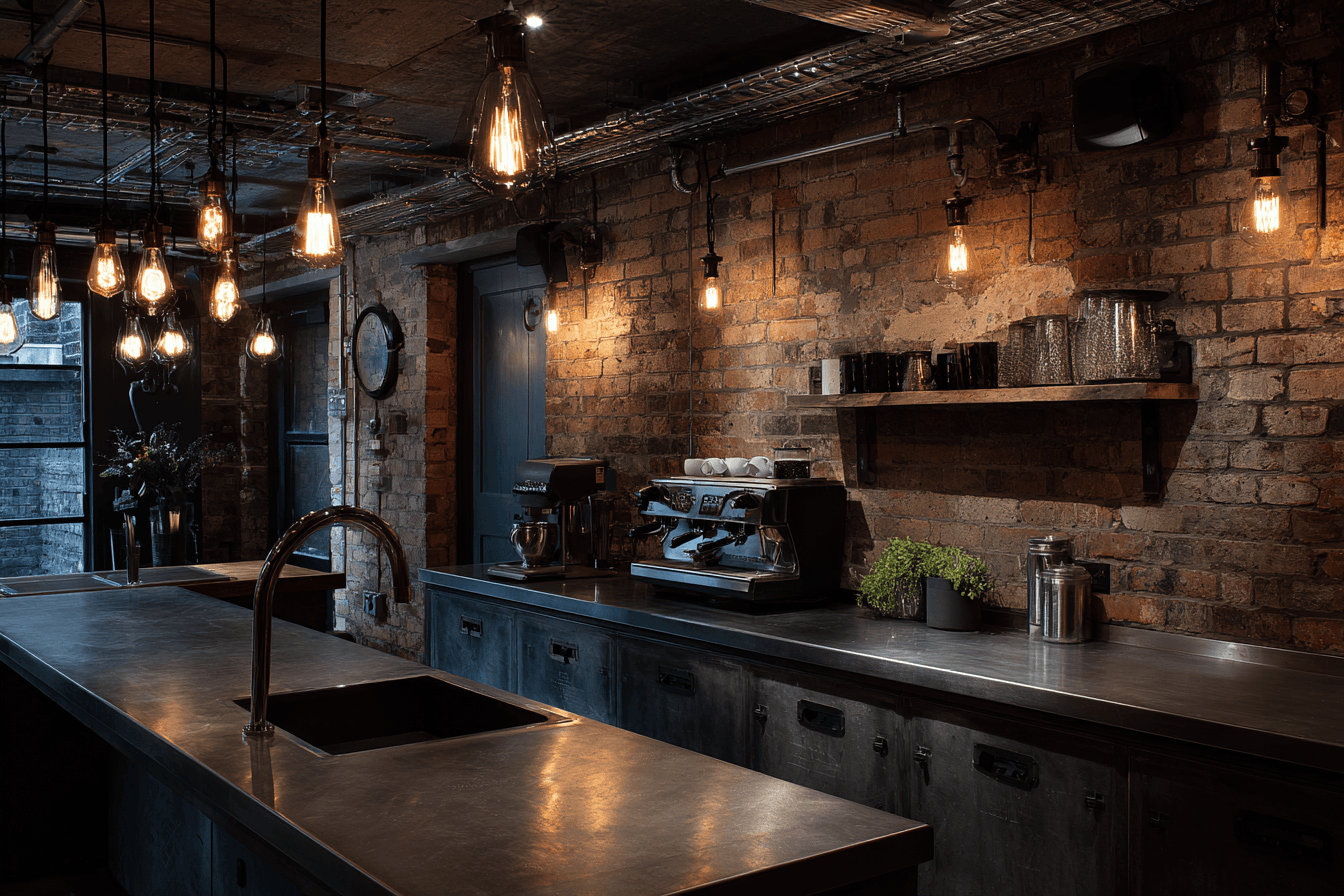 Пример визуализации кухни в стиле лофт, сгенерированной нейросетью Midjourney: детализация металлических поверхностей, текстура кирпича и кинематографический свет. 1