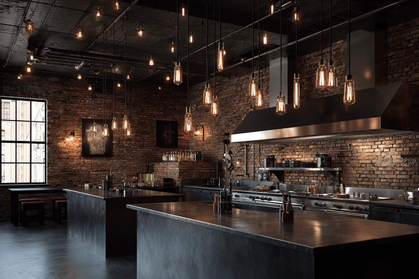 Пример визуализации кухни в стиле лофт, сгенерированной нейросетью Midjourney: детализация металлических поверхностей, текстура кирпича и кинематографический свет. 2