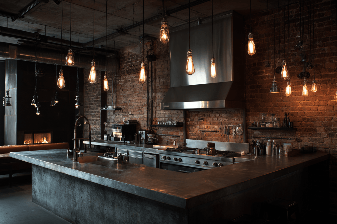 Пример визуализации кухни в стиле лофт, сгенерированной нейросетью Midjourney: детализация металлических поверхностей, текстура кирпича и кинематографический свет. 3