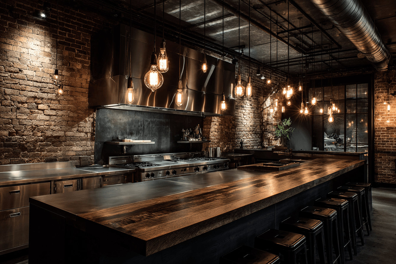 Пример визуализации кухни в стиле лофт, сгенерированной нейросетью Midjourney: детализация металлических поверхностей, текстура кирпича и кинематографический свет. 4