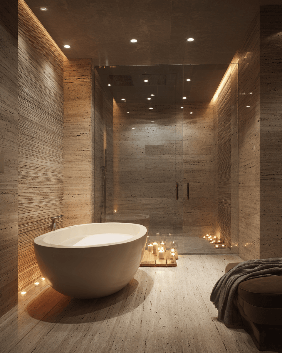 Пример визуализации премиальной ванной комнаты в Midjourney: использование натурального камня (травертин), рифленого стекла и сценариев мягкого контурного освещения для создания эффекта релаксации. 1