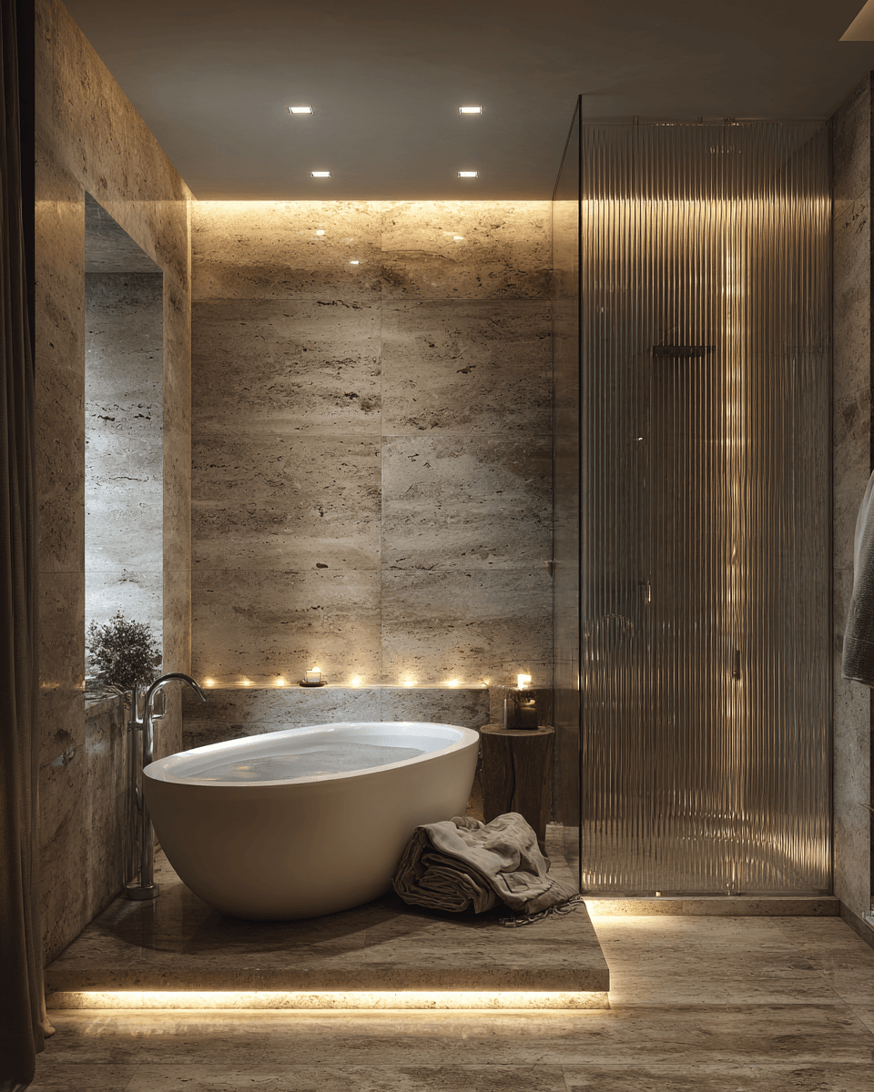 Пример визуализации премиальной ванной комнаты в Midjourney: использование натурального камня (травертин), рифленого стекла и сценариев мягкого контурного освещения для создания эффекта релаксации. 2