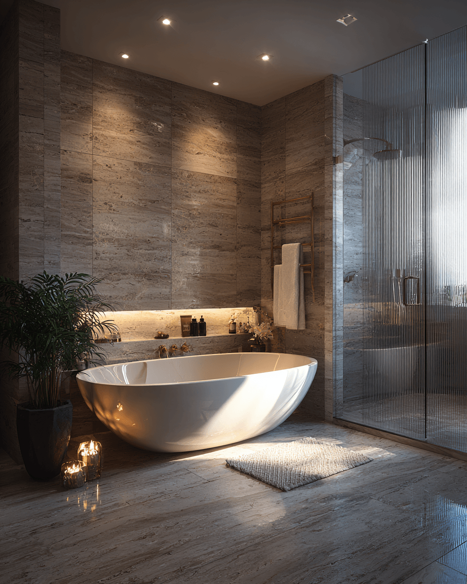 Пример визуализации премиальной ванной комнаты в Midjourney: использование натурального камня (травертин), рифленого стекла и сценариев мягкого контурного освещения для создания эффекта релаксации. 3