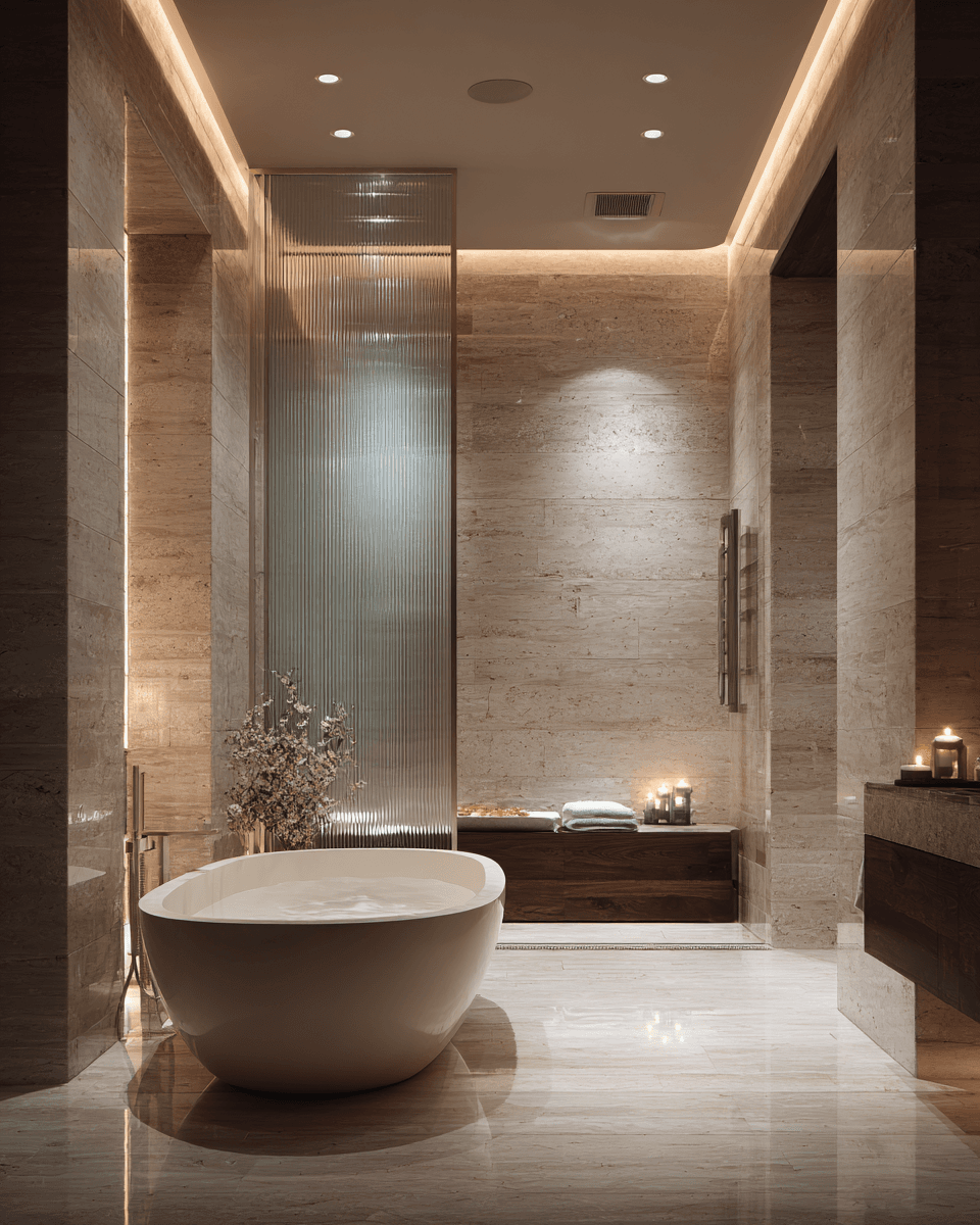 Пример визуализации премиальной ванной комнаты в Midjourney: использование натурального камня (травертин), рифленого стекла и сценариев мягкого контурного освещения для создания эффекта релаксации. 4