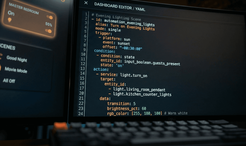 YAML-скрипт автоматизації освітлення Home Assistant з підсвіткою синтаксису в редакторі коду