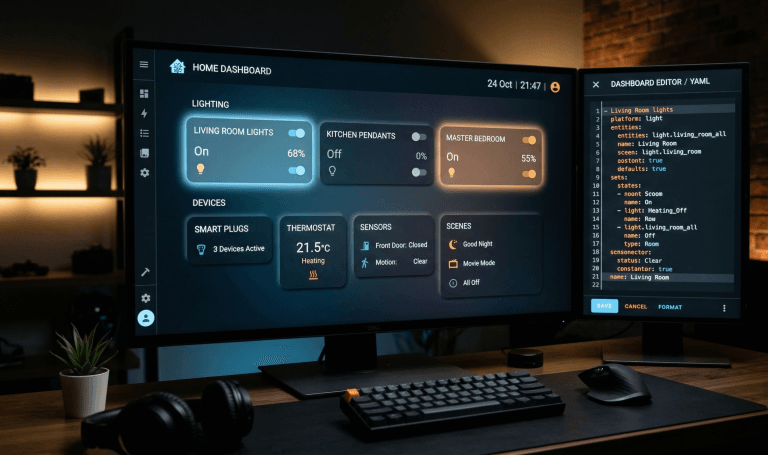 Інтерфейс Home Assistant з автоматизацією світла та редактором YAML-скриптів на темному екрані