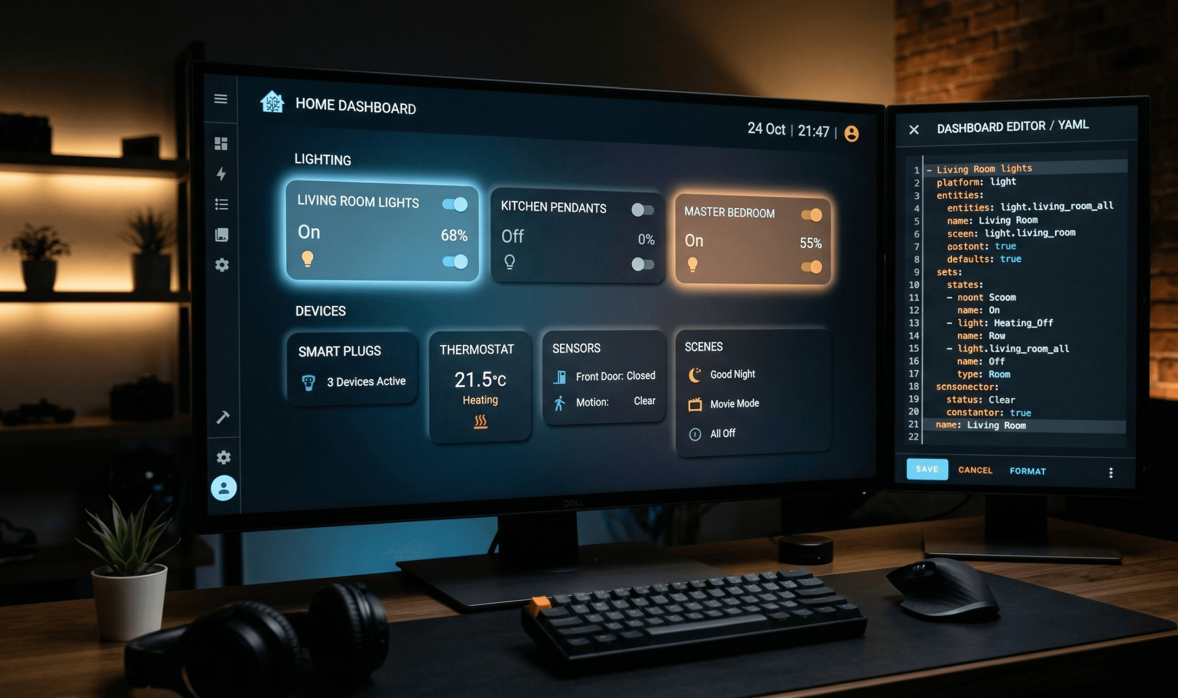 Інтерфейс Home Assistant з автоматизацією світла та редактором YAML-скриптів на темному екрані