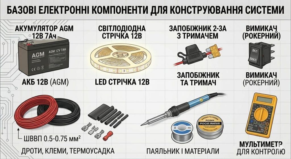 Базові електронні компоненти для конструювання системи автономного освітлення