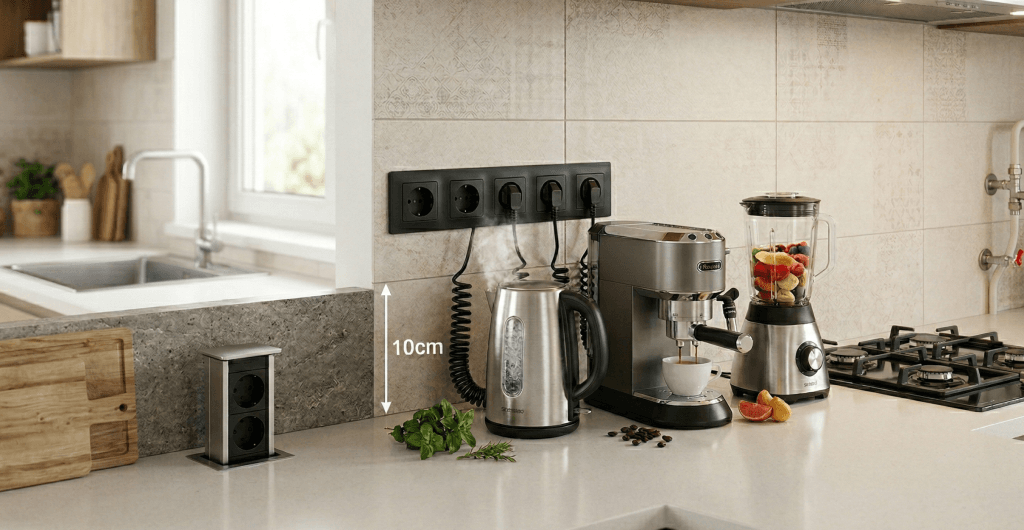 Визуализация безопасного расстояния (50 см) между газовой варочной поверхностью и электрической розеткой на кухонном фартуке