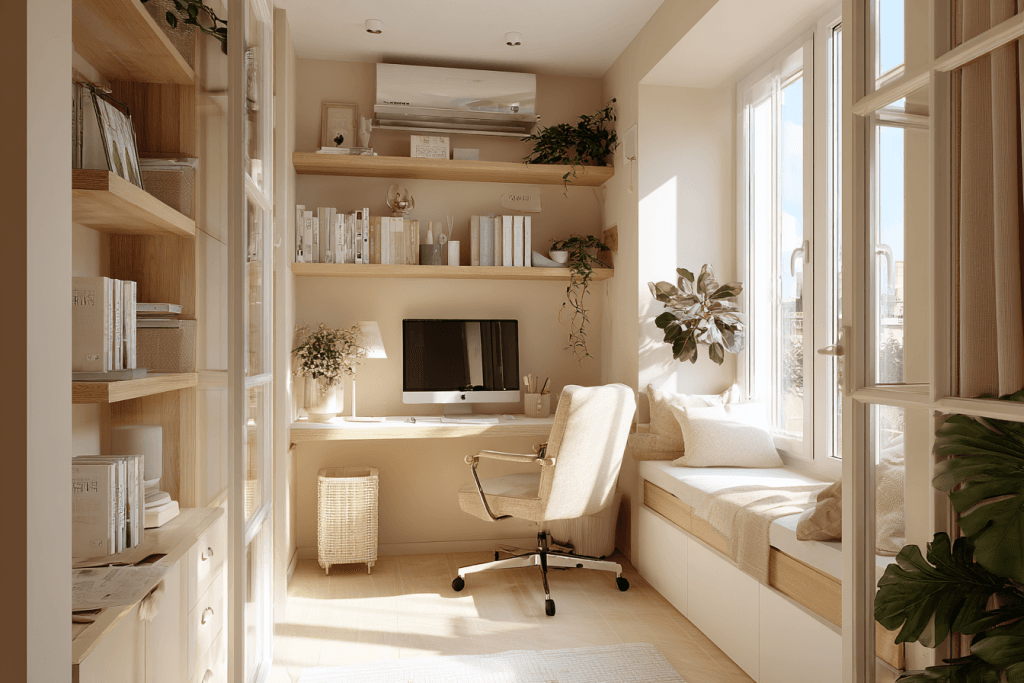 Маленький кабинет в теплых нейтральных тонах