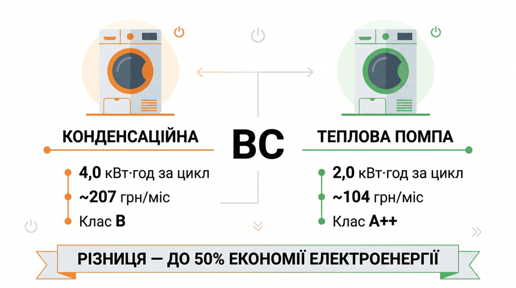 Скільки електроенергії споживає сушильна машина: порівняння конденсаційної та теплової помпи у кВт·год та гривнях