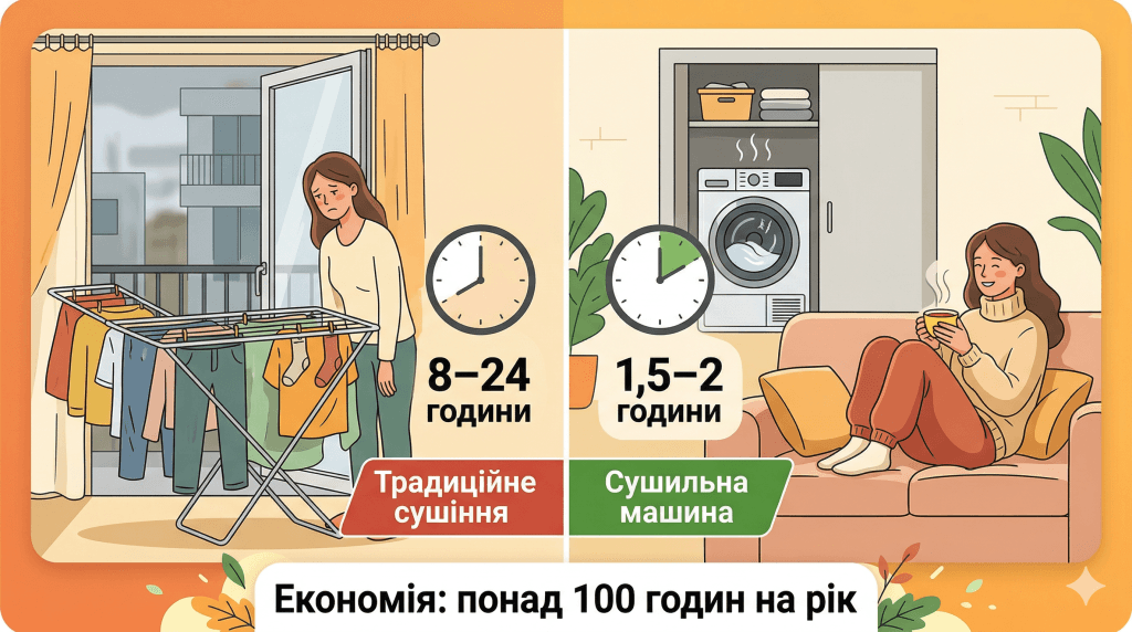 Скільки часу сушить сушильна машина порівняно з традиційним сушінням: економія понад 100 годин на рік