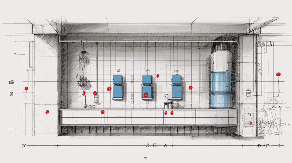 Техническая схема кухонной стены с разметкой трех уровней высоты для монтажа розеток по стандарту 1