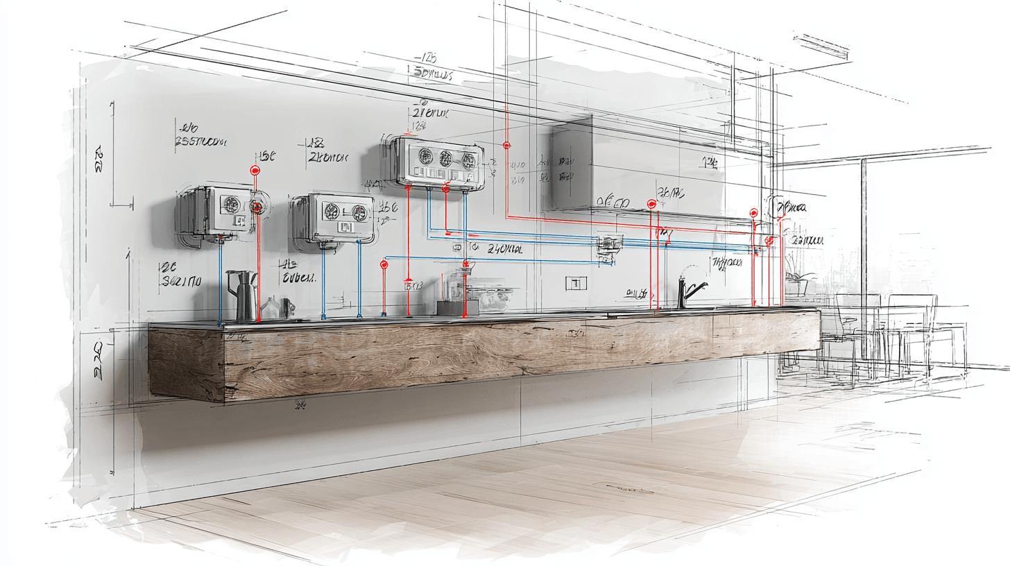 Техническая схема кухонной стены с разметкой трех уровней высоты для монтажа розеток по стандарту