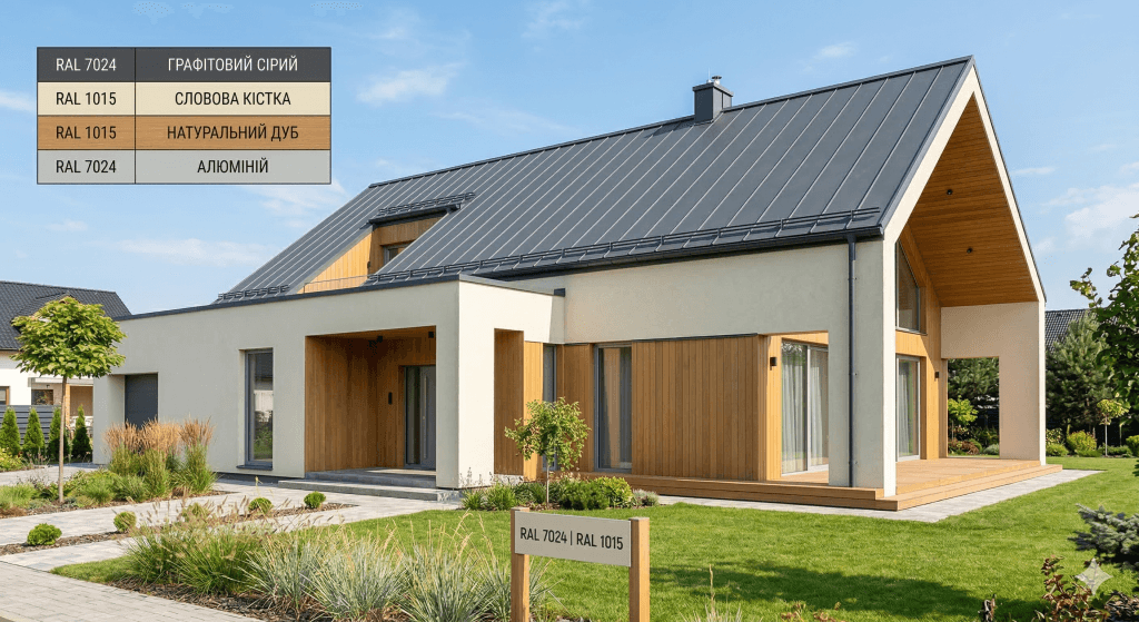 сочетание цветов RAL для дома, крыша Графит, крыша Графит