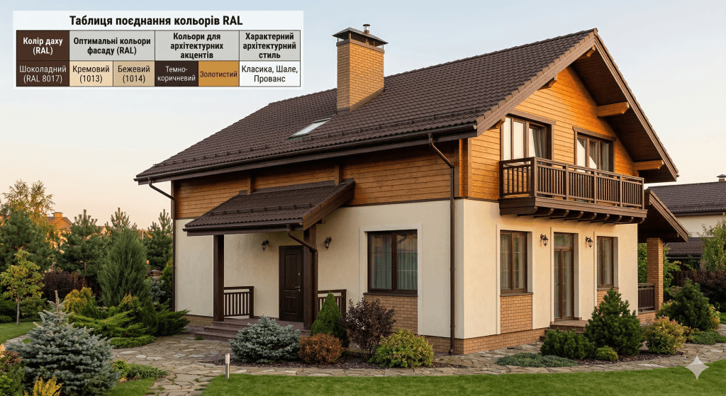 сочетание цветов RAL для дома, крыша Шоколад для дома