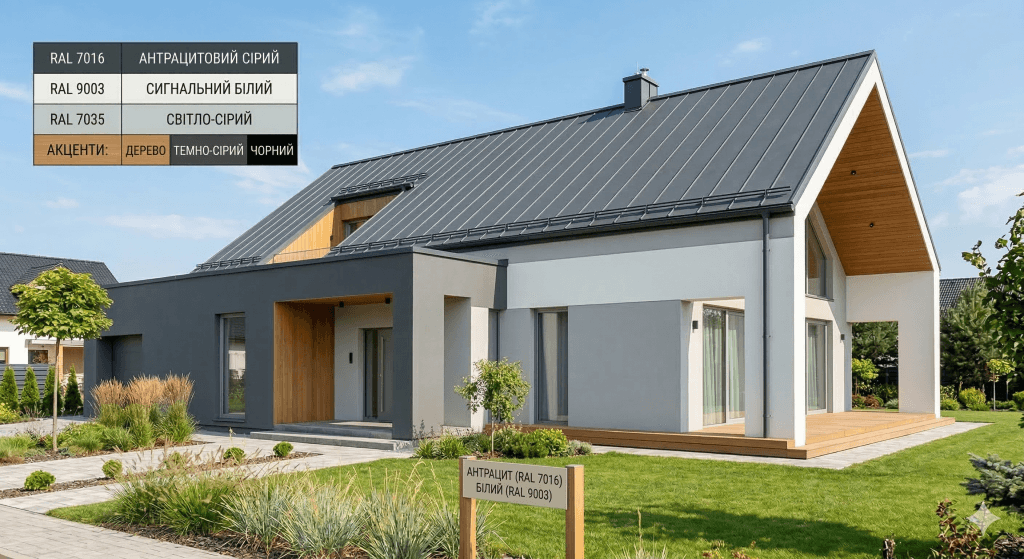 сочетание цветов RAL для дома, крыша антрацит, крыша антрацит
