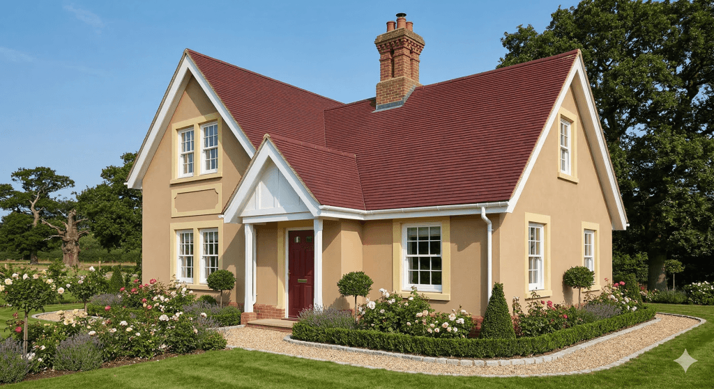 сочетание цветов RAL для дома, крыша темно-красная, крыша темно-красная