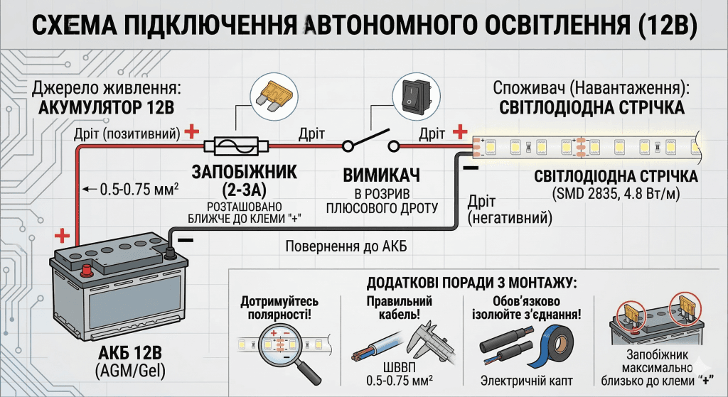 як правильно поєднати акумулятор 12В, запобіжник, вимикач та світлодіодну стрічку