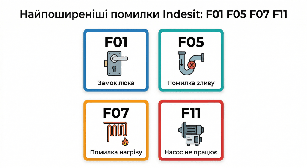Indesit F01 F05 F07 F11 таблиця помилок порівняння — замок люка злив нагрів насос чотири коди