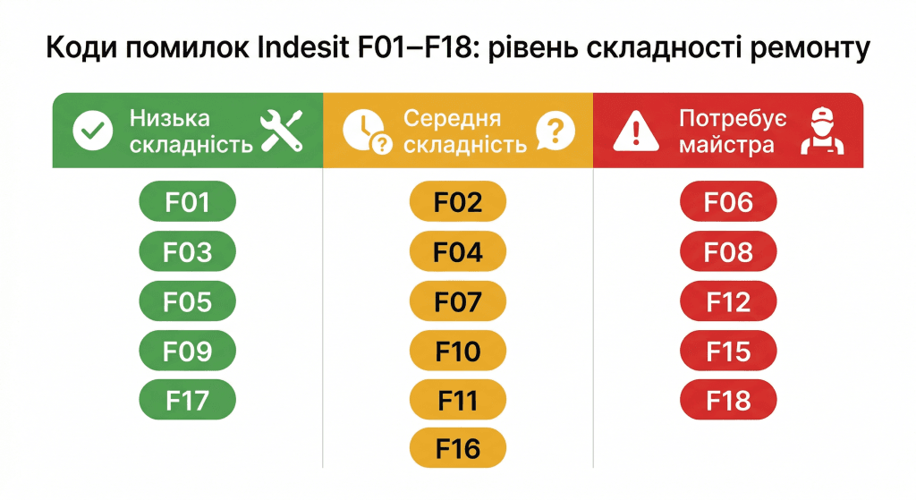 Indesit коди помилок розшифровка що означають — класифікація F01 до F18 за складністю ремонту