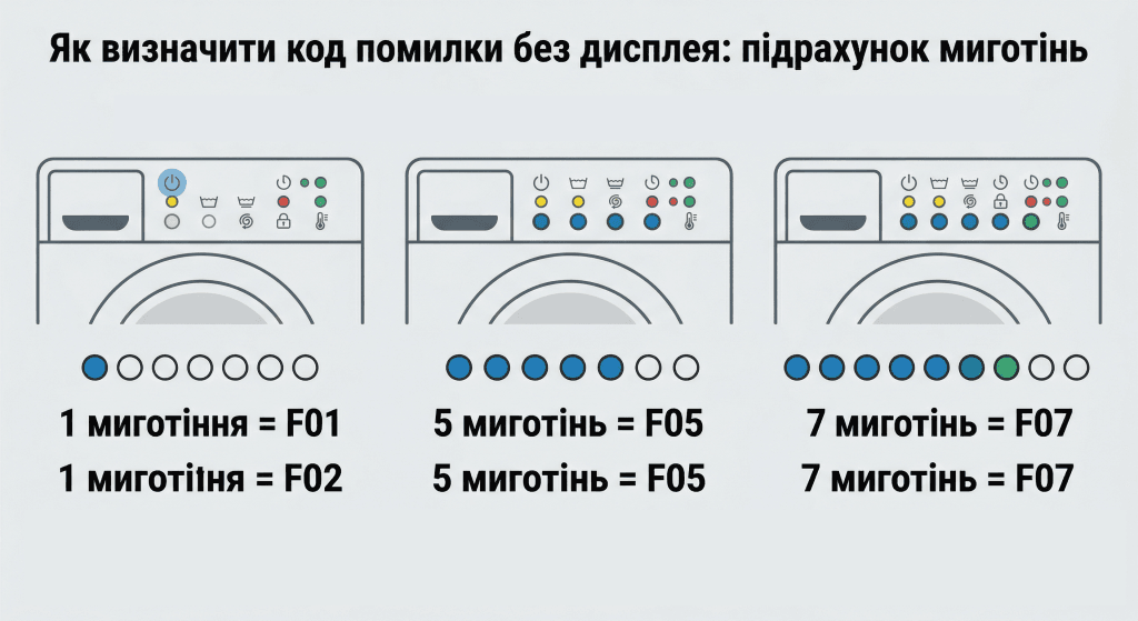 Indesit помилка без дисплея мигання індикаторів — як визначити код F01 F05 F07 за кількістю миготінь