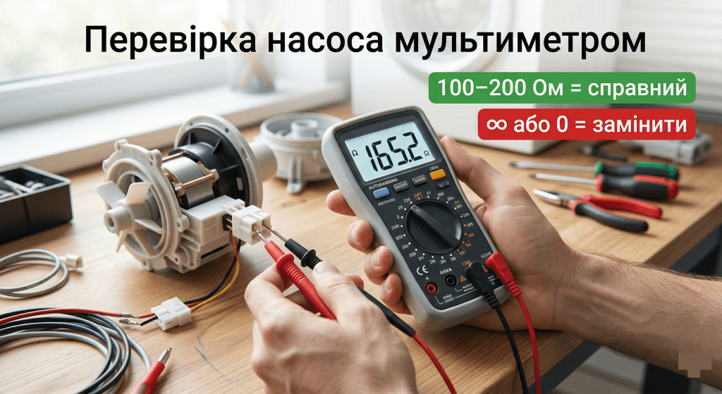 Samsung 5E насос не працює діагностика мультиметром — вимірювання опору насоса норма результат