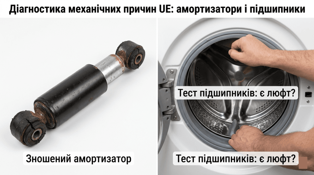 Samsung UE амортизатори несправні діагностика — зношений амортизатор тест підшипників люфт барабан