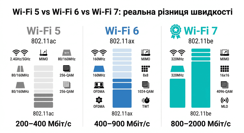 Wi-Fi 7 vs Wi-Fi 6 реальна різниця швидкості — порівняльна таблиця стандартів Wi-Fi 5 6 7