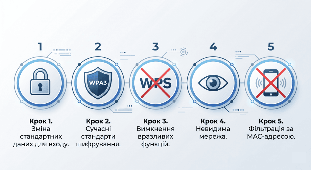 Інфографіка з 5 кроками налаштування безпеки домашнього Wi-Fi роутера