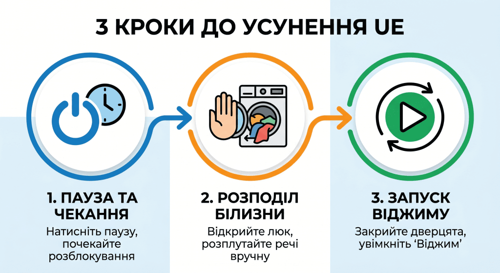 Блок-схема з трьома кроками українською мовою для усунення помилки UE на пральній машині LG: Пауза, Розподіл речей, Перезапуск.