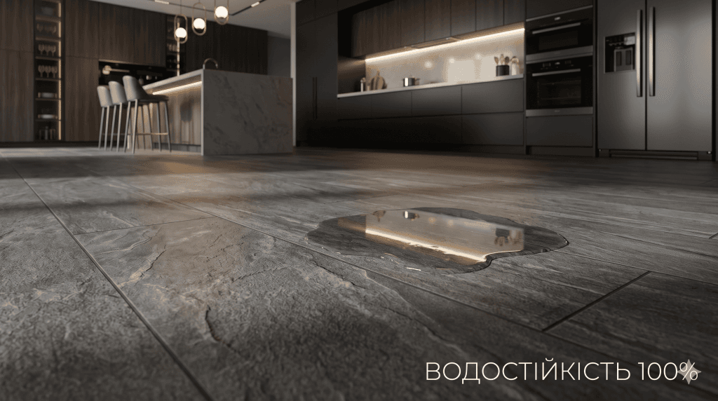 Сучасна кухня з кварцвініловою підлогою, яка не боїться розлитої води біля мийки.