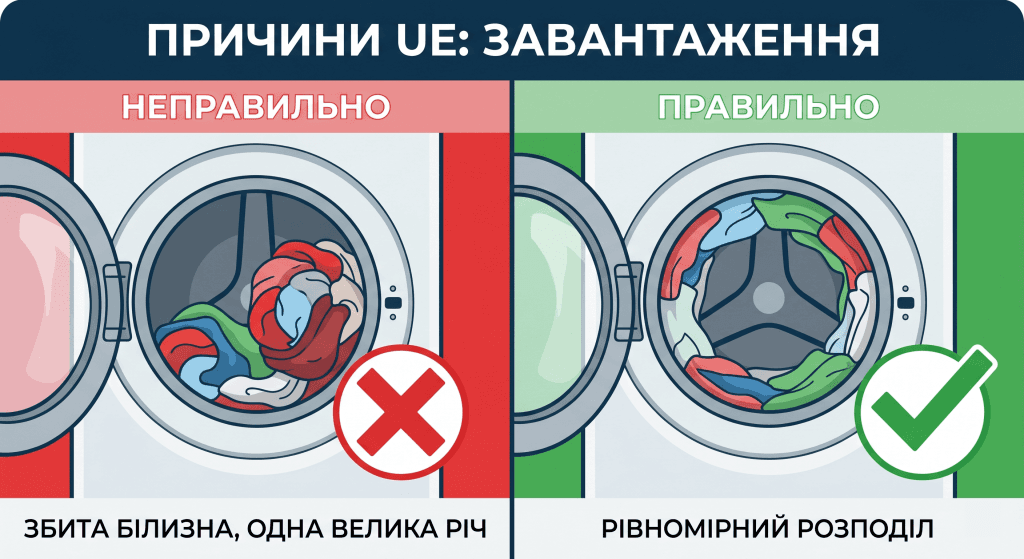 Інфографіка, що порівнює неправильне (збите в купу) та правильне (рівномірне) завантаження білизни в барабан пральної машини LG для уникнення помилки UE.