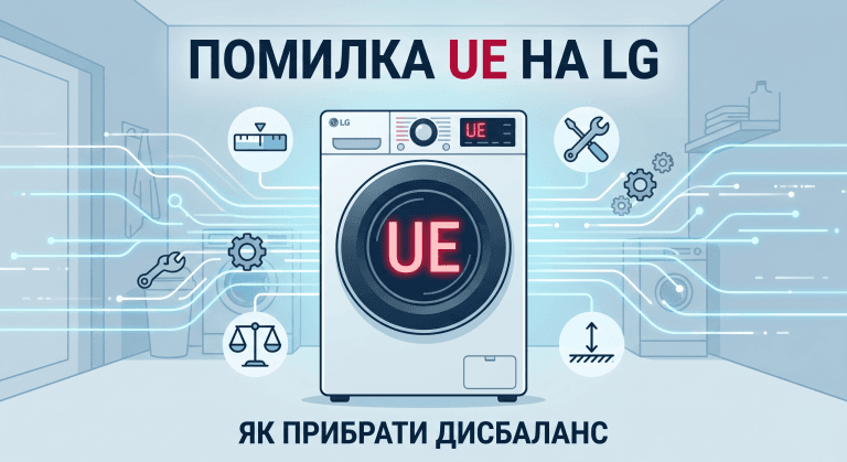 Современная инфографика, показывающая стиральную машину LG с красным кодом ошибки UE на дисплее и заголовком на украинском языке об устранении дисбаланса.