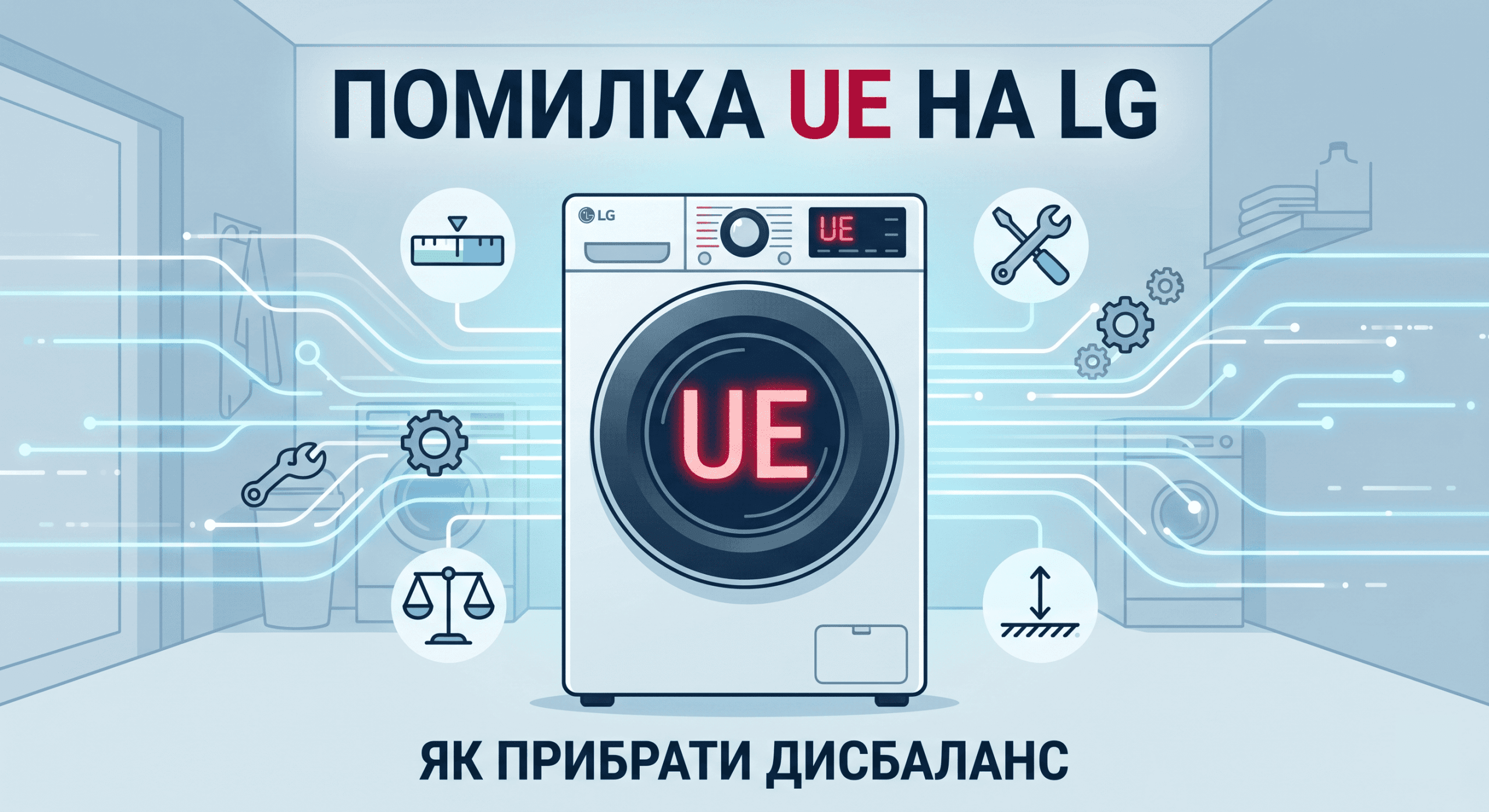Современная инфографика, показывающая стиральную машину LG с красным кодом ошибки UE на дисплее и заголовком на украинском языке об устранении дисбаланса.