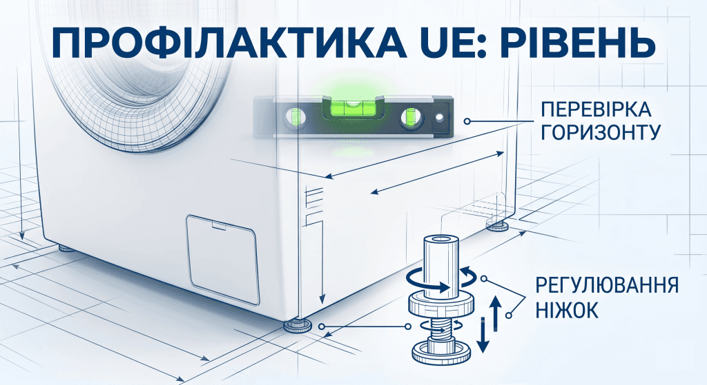 Інфографіка, що показує встановлення будівельного рівня на пральну машину LG та регулювання ніжок для запобігання вібрації та помилки UE.