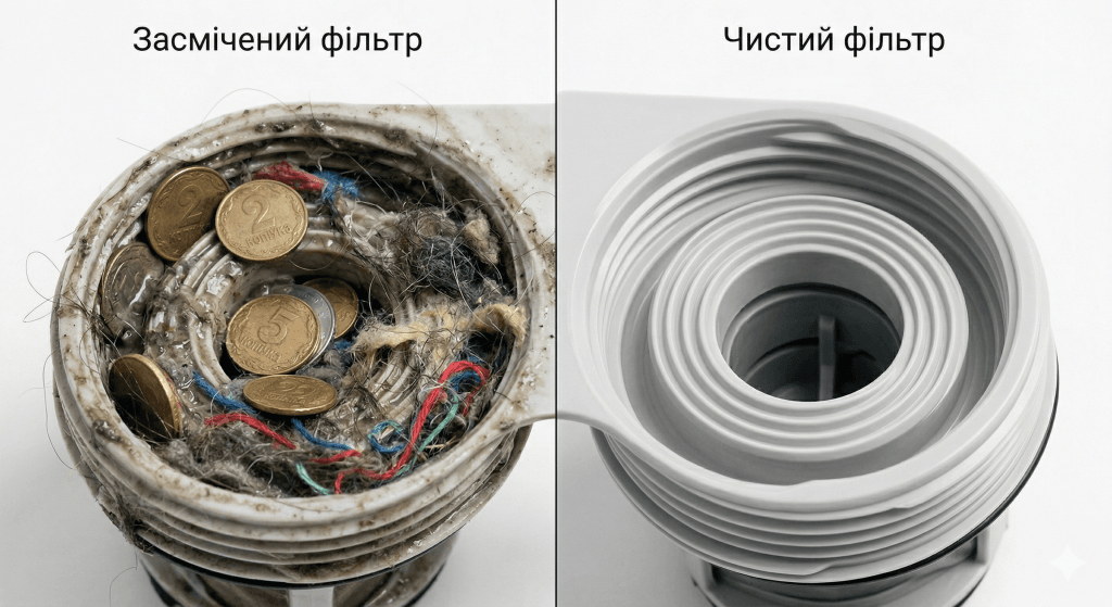 Indesit F05 помпа або засмічення зливу діагностика — порівняння брудного і чистого фільтра насоса