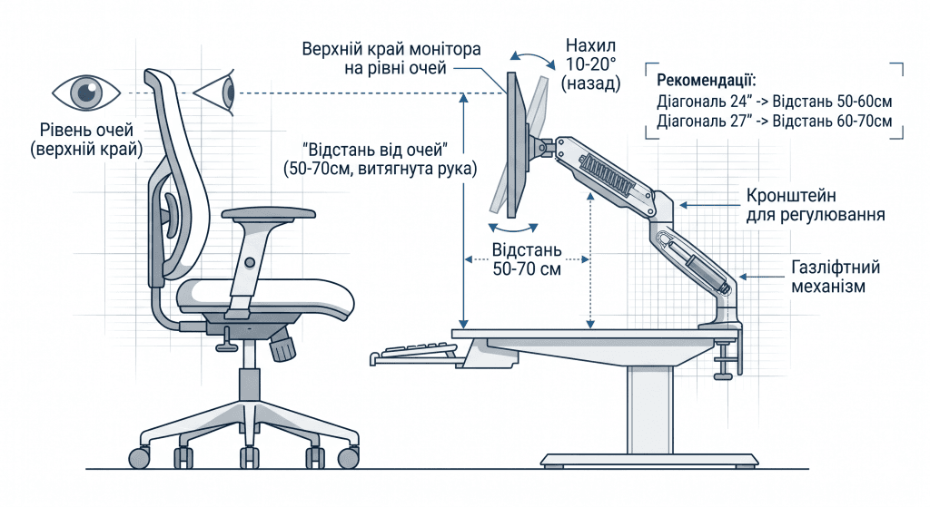 Технічна інфографіка-схема правильного розташування монітора на столі за допомогою кронштейна, із зазначенням рівня очей, відстані, кута нахилу та анотаціями українською мовою.