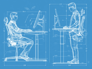 Динамическая схема настройки стола с регулировкой высоты (standing desk), показывающая правильное положение тела и локтей под углом 90 градусов при сидении и стоянии.