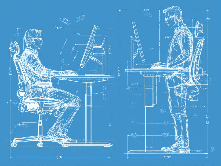 Динамическая схема настройки стола с регулировкой высоты (standing desk), показывающая правильное положение тела и локтей под углом 90 градусов при сидении и стоянии.