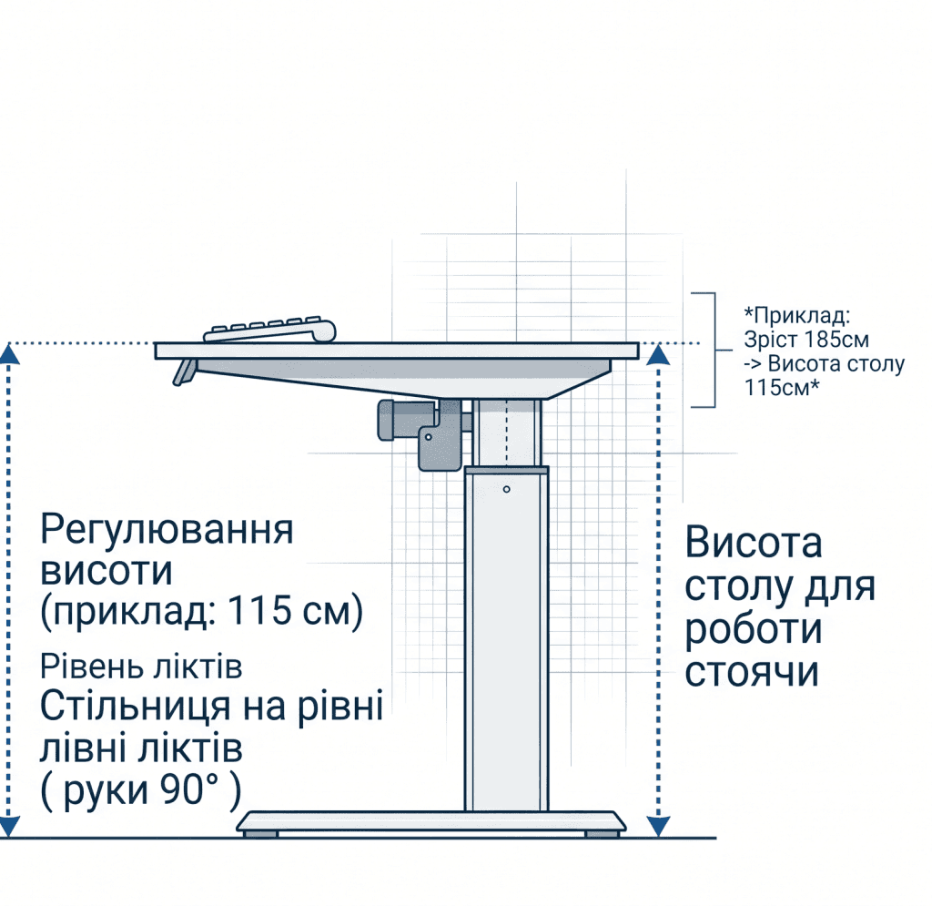 Інфографіка-схема оптимальної висоти регульованого столу для роботи стоячи, що вказує рівень ліктів та ідеальний кут 90 градусів.