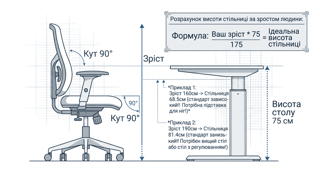 Технічна інфографіка-креслення розрахунку індивідуальної висоти стільниці за формулою: зріст * 75 / 175, із прикладами для різного зросту та анотацією кута 90 градусів у ліктях.