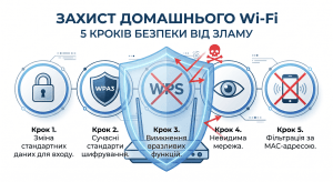 Главное изображение статьи о защите домашнего Wi-Fi. Стилизованный роутер под защитным щитом, отражающим атаки. Текст: Защита домашнего Wi-Fi, 5 шагов безопасности от взлома.