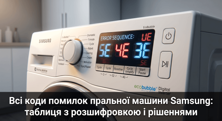 всі коди помилок пральної машини Samsung — таблиця 4E 5E UE 3E розшифровка дисплей