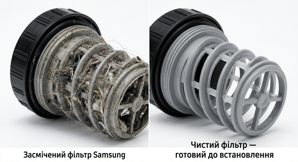код помилки 5E Samsung як виправити самостійно — засмічений і чистий фільтр насоса порівняння