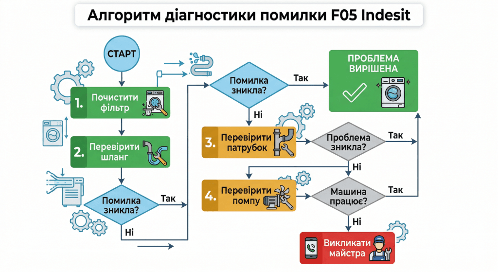 код помилки F05 Indesit як виправити самостійно — покроковий алгоритм діагностики схема